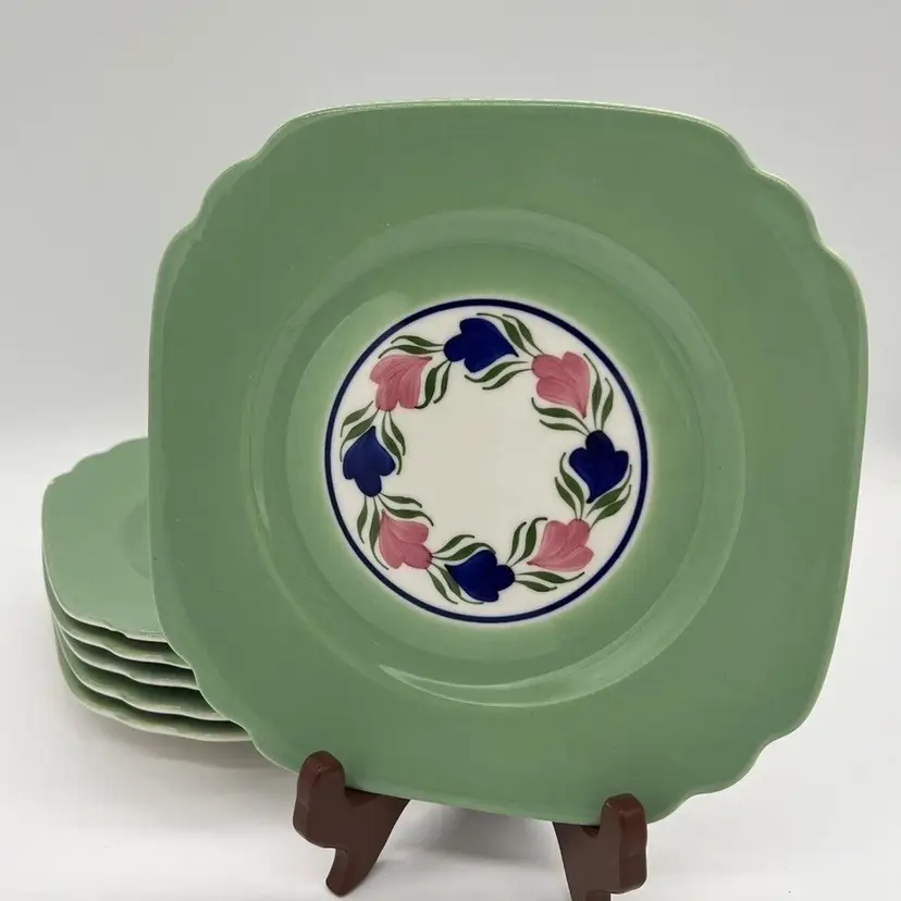 Set of 6 Vintage Syracuse China Square Salad Plates Green Rim Floral Center