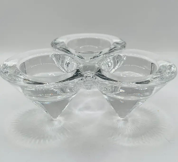 Thick Inverted Cone Shaped, Tri-Angular Pattern & Connected Clear Glass Tea Light Candle Holders, One Solid Piece, Very Decorative