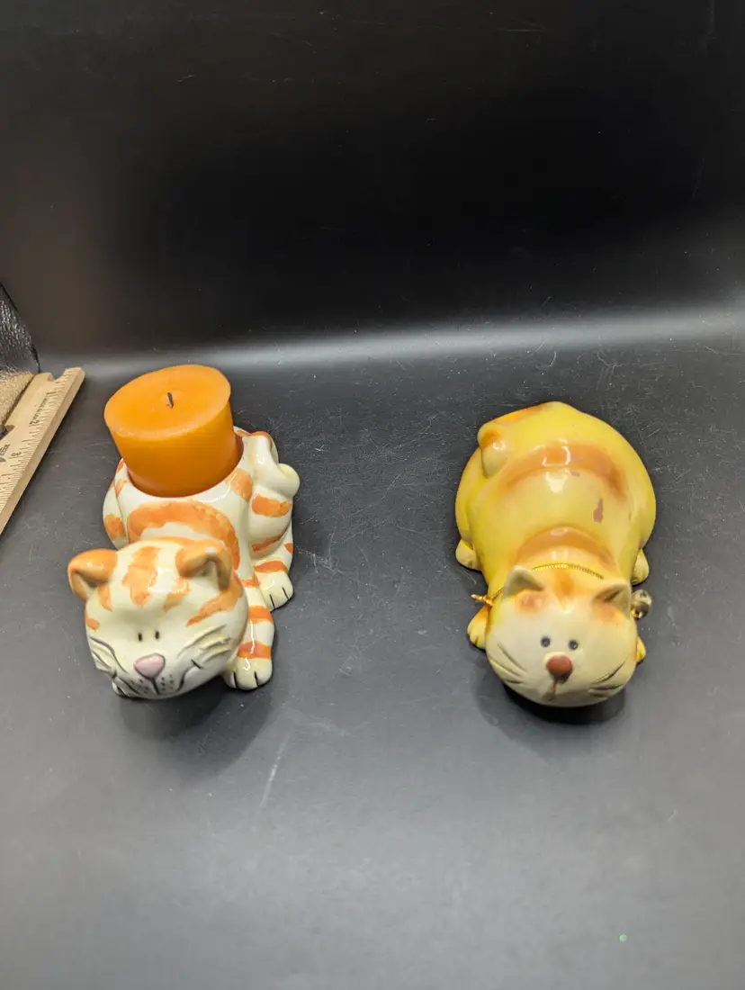 Vintage Lot of 2 Orange Striped Tabby Cats One Votive One Figurine With Bell