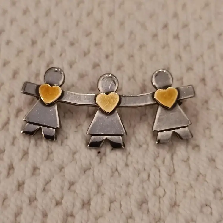 Vintage Three Friends Pin with Gold Hearts Signed Naldo