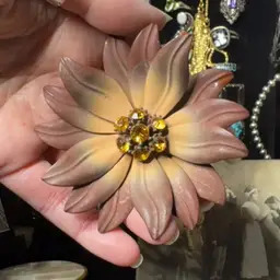 Vintage Enamel Flower Brooch With Rhinestones