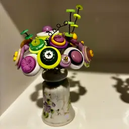 Antique Vintage Handpainted Purple Floral S/P Shakers with Button Bouquets