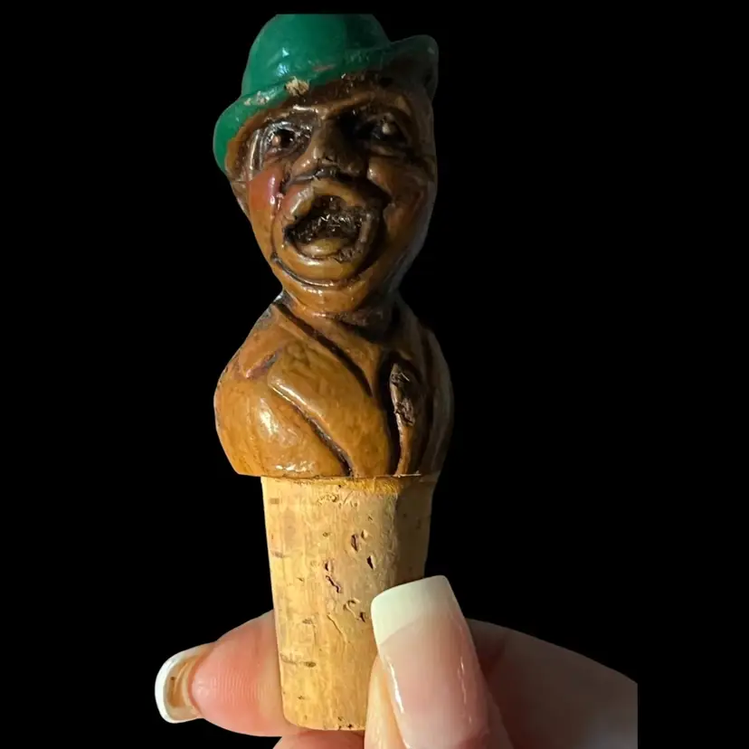 Vintage Folk AttCork Stopper Bottle Barware Whiskey Figural Bust Head Handpainted