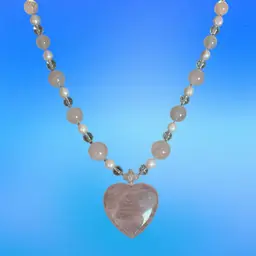 #17 - Pink Quartz Heart Shaped Stone, Chain Is Light Pink And White Pearls And Pink Quartz. Lobster Claw Clasp. Necklace 18” L  1.58” X 1.58”