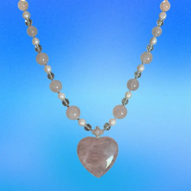 #17 - Pink Quartz Heart Shaped Stone, Chain Is Light Pink And White Pearls And Pink Quartz. Lobster Claw Clasp. Necklace 18” L  1.58” X 1.58”