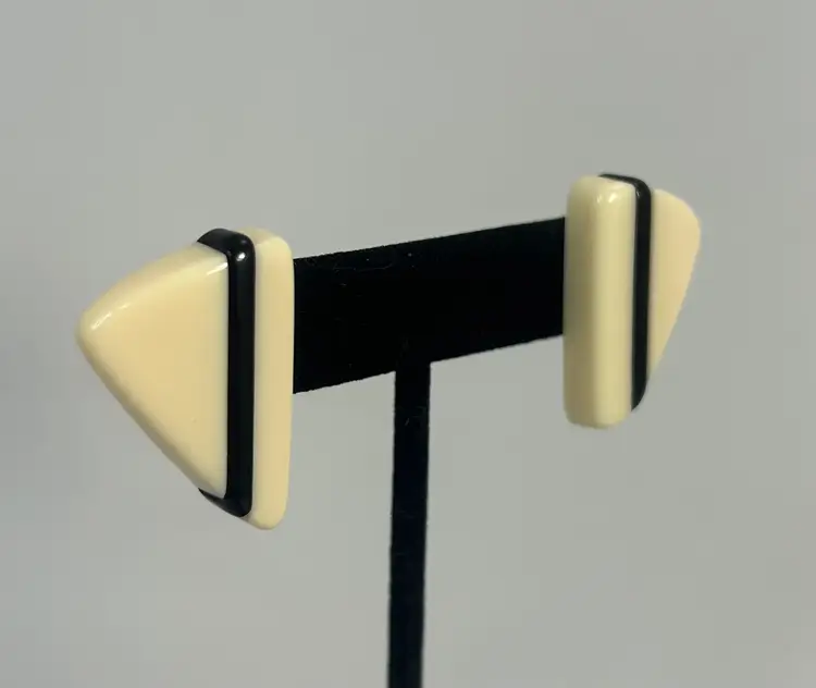 Vintage Off White Black Stripe Abstract Triangle Post Style Earrings