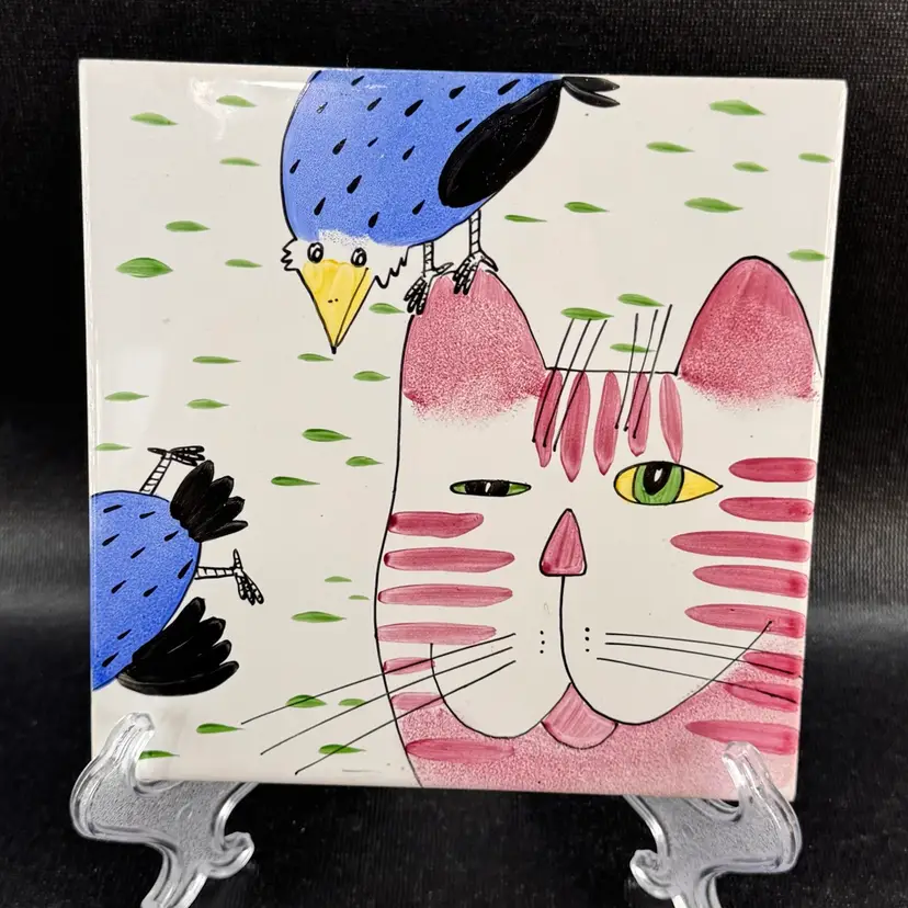 Estonia Helena Tilk Hand Painted Ceramic Tile Folk Art Cat