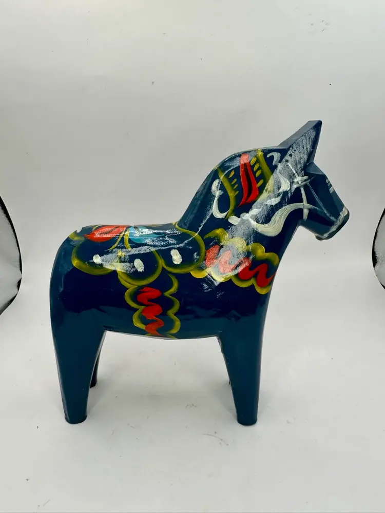 Vtg NILS OLSSON Swedish Dala Horse Hand Crafted Blue Painted Wood Folk Art 6 1/2”