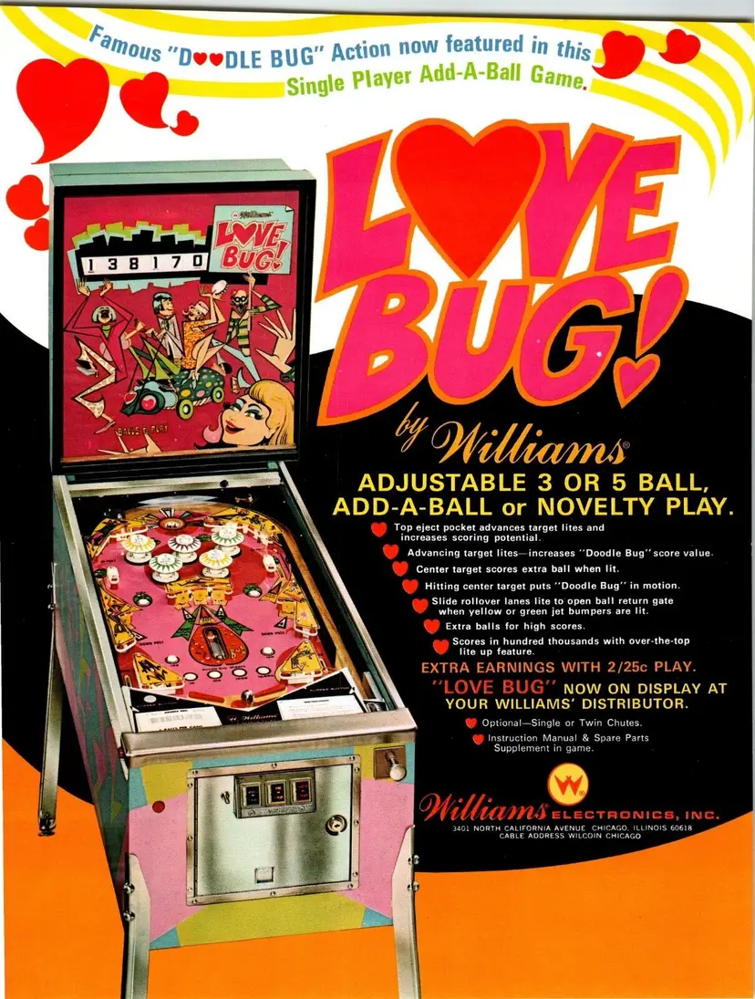 Love Bug Pinball FLYER Original UNUSED 1971 Artwork Groovy Mod Psychedelic