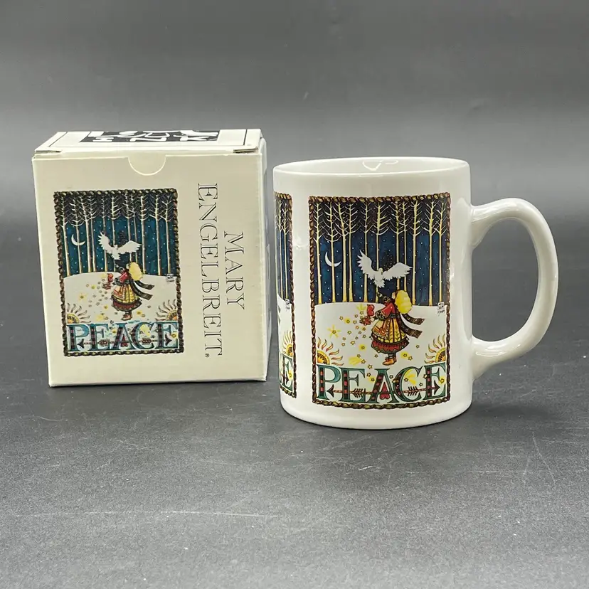 Mary Engelbreit Peace Coffee Mug Cup Christmas Girl with Dove Bird Original Box