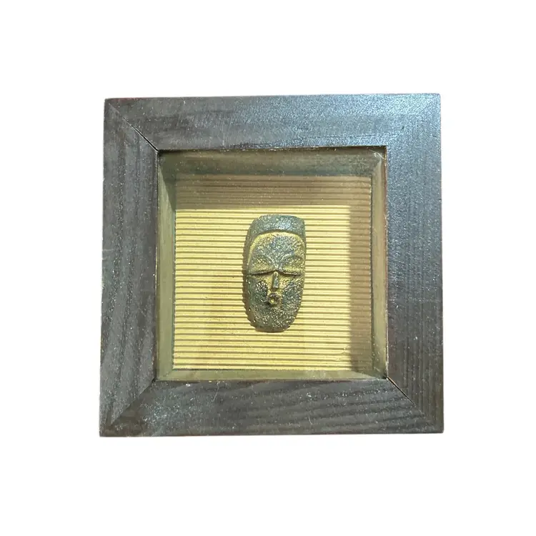 Two African Ceremonial Head Figure Shadow Boxes in Brown Wood Frame