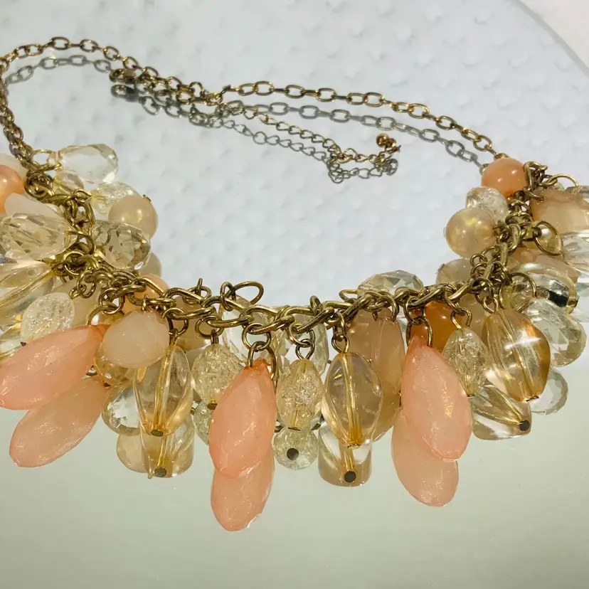 Vintage Costume Jewelry Chunky Necklace Faux Pearl Copper Silver And Gold Tone Metal Clear Crystal Glass