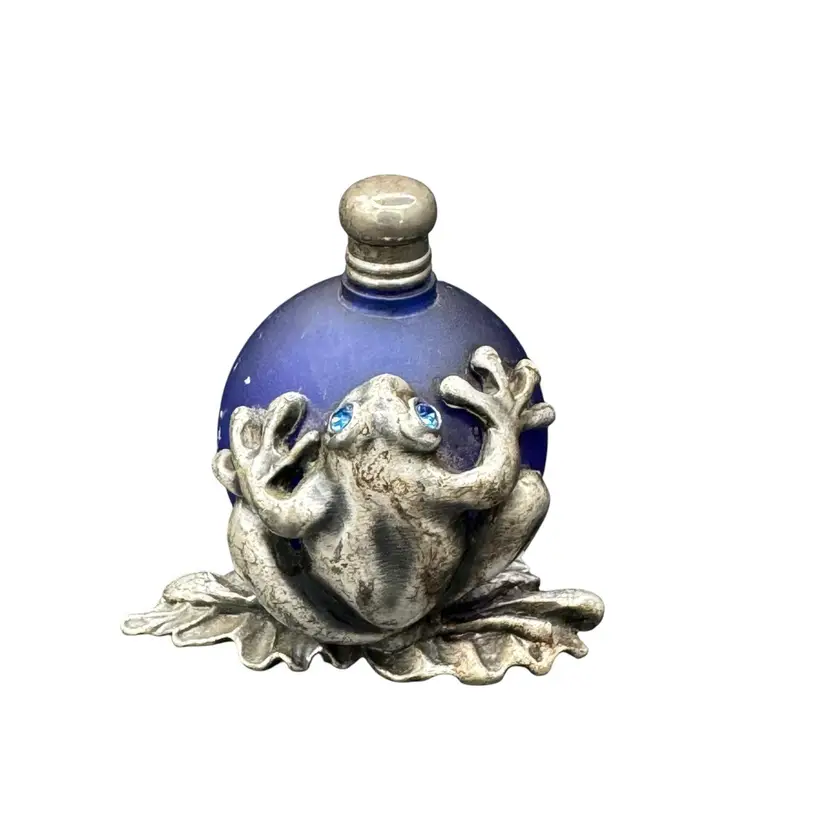 Vintage Frosted Glass Pewter Frog Perfume Bottle Baked Enamel Blue Austrian Crystals Froggie
