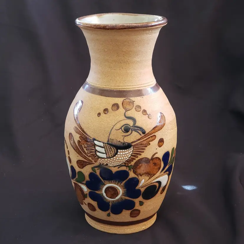 Tonala Sandstone Pottery Vase Tan Brown Quail & Flower Signed 10 1/2" tall