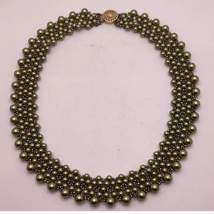 Green Pearl & Bead Choker Necklace with Gold Filled Filagree Box Clasp Artisan Made 14”