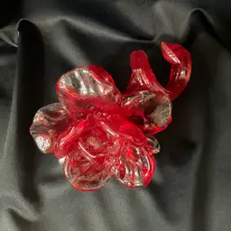 Vintage Vibrant Ruby Red Hand Blown Art Glass Rose With Curled Stem 4”x3.5”