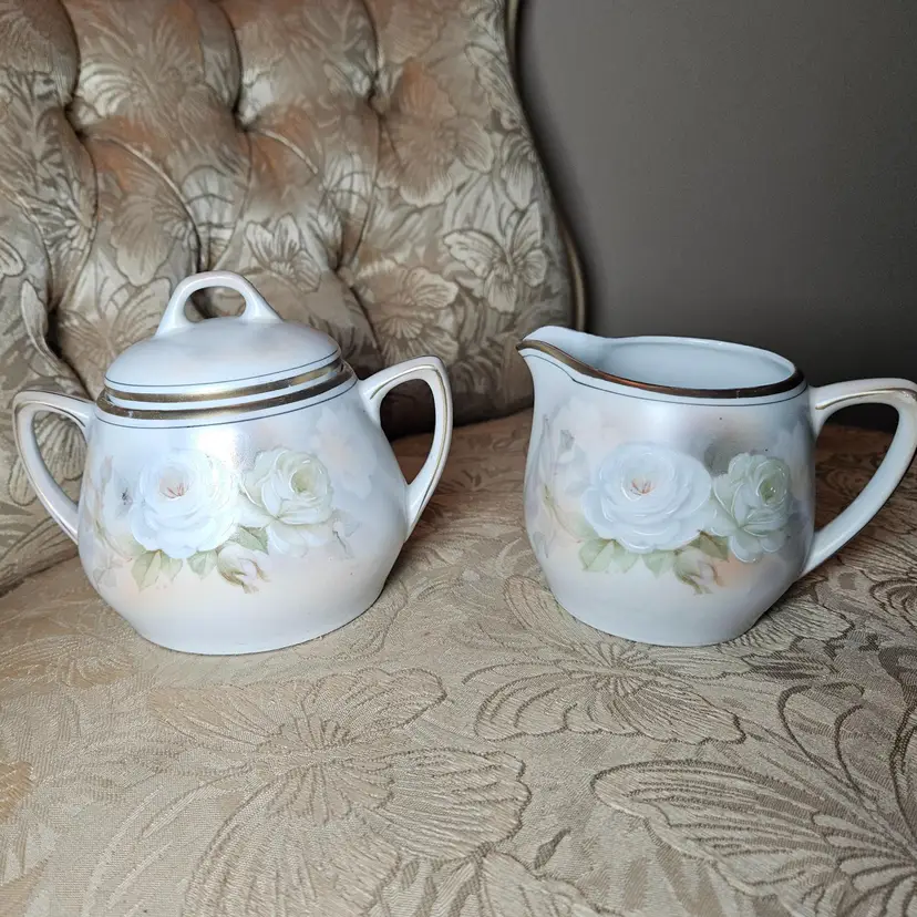 Vintage Hand-Painted Porcelain Sugar Bowl and Creamer Set with Floral Design Marked Bavaria