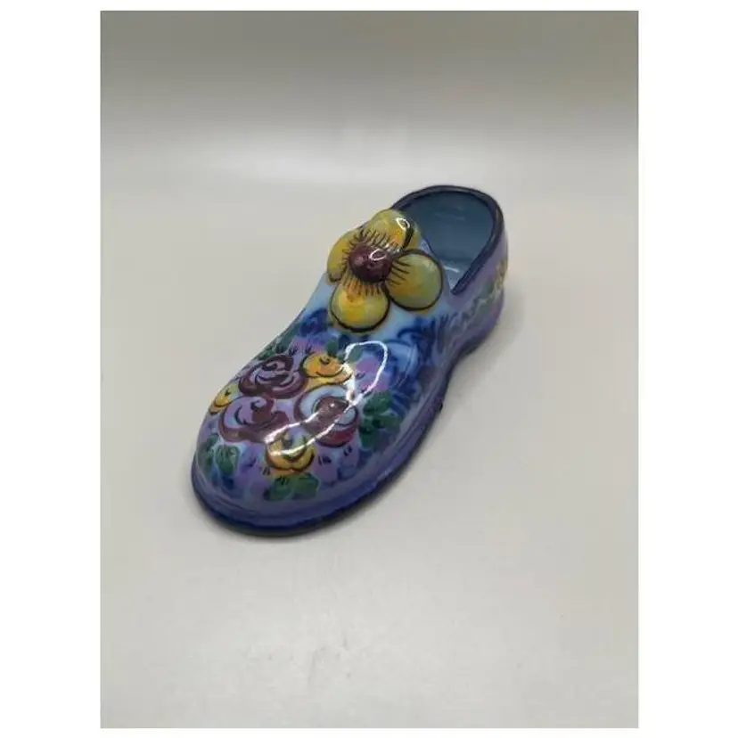 Hand-Painted Pottery Shoe with Floral Design ~ Made In Portugal ~ Unique Decorative Piece ~ 4.5 inches long