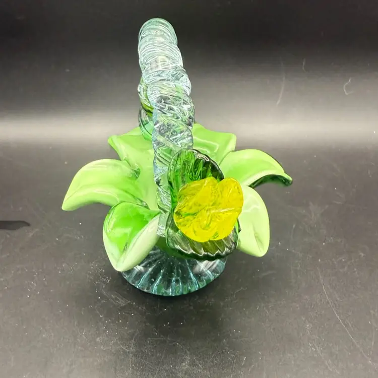 Vintage Hand-Blown Floral Art Glass Basket Twisted Handle