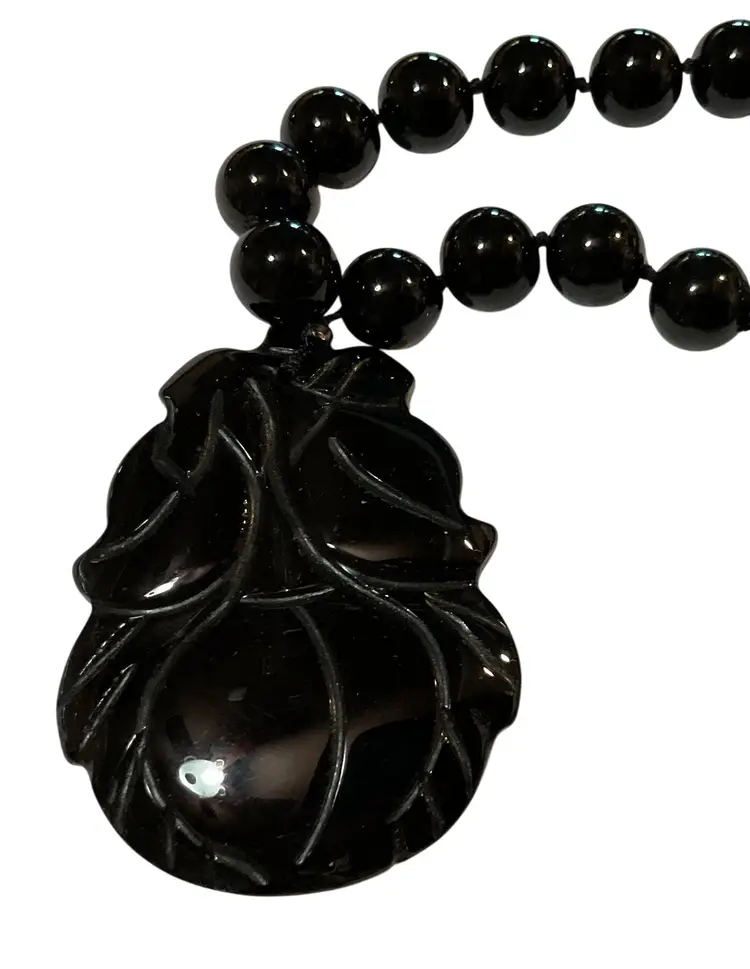 Vintage Chinese Black Onyx Beaded Necklace With Carved Peach Pendant 26"L