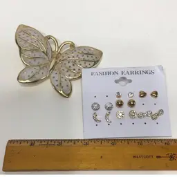 7 Pairs Rhinestone Gold Tone Pierced Earrings & Butterfly Earring Holder