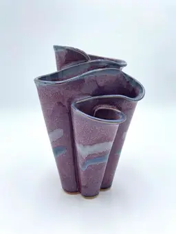 Vintage Bay Pottery 4 Chamber Ribbon Vase, Glazed Purple & Blue, Signed, 8.5"