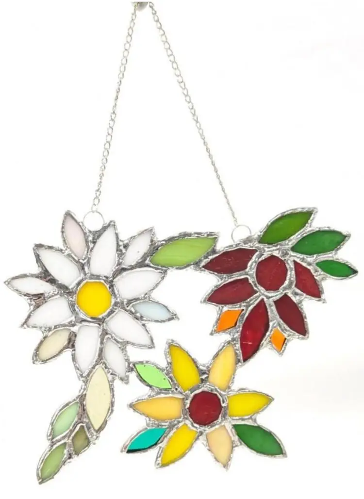 Handmade Stained Glass Flower Trio, 6.5" × 4.75" Long (Excluding Chain), No Damage