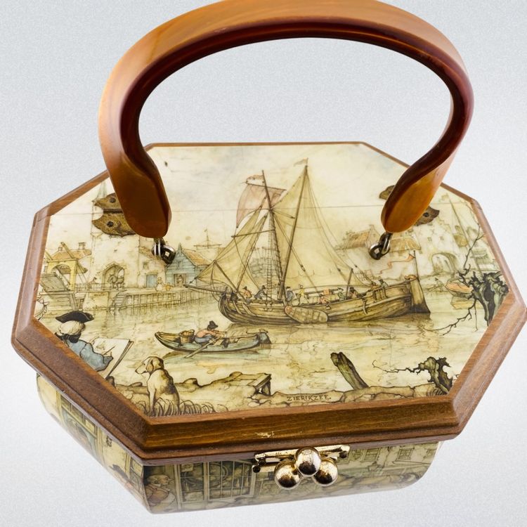 Vintage Box Purse Anton Pieck 1960s Decoupage Village Scenes Whimsey Animals Retro