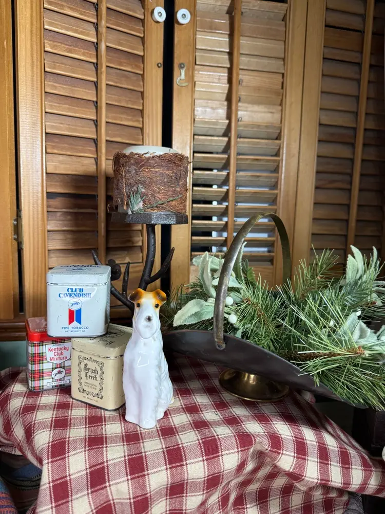 Cabin In The Woods Vintage mini Tobacco Tins, Coal Scuttle,  Bird Pillar Candle Wrought Iron, Porcelain Dog