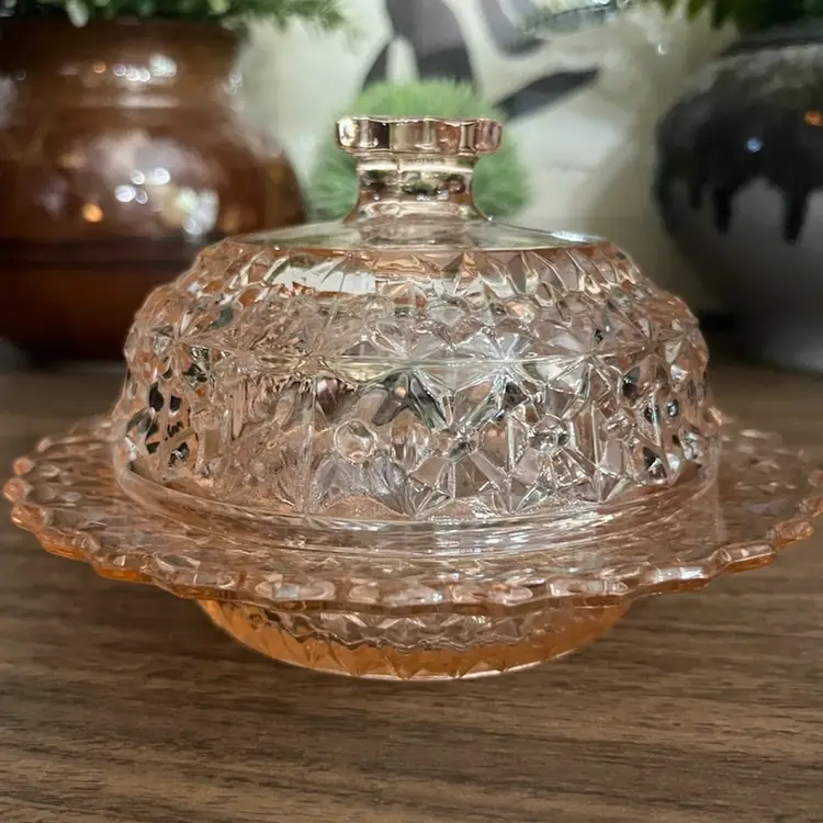 Vintage Jeannette Glass Co Depression Pink Holiday Buttons And Bows Butter Dish