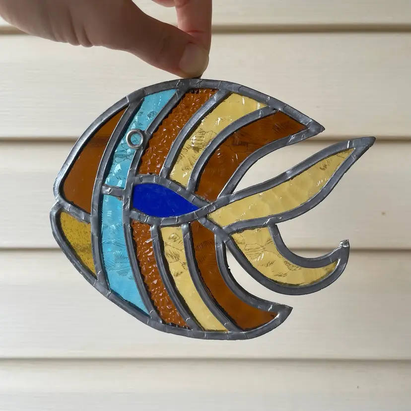 Colorful Handmade Stained Glass Striped Fish Hanging Ornament Suncatcher 5.5"x7"