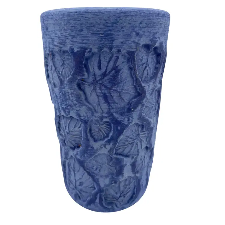 Blue Textured Terra Cotta Wine Bottle Holder/Vase, Signed Monte Xanic (Mexico)