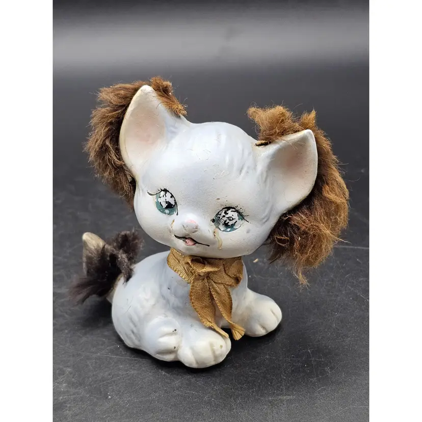 Vtg Enesco Cat Kitten Figurine With Fur Japan 1950s