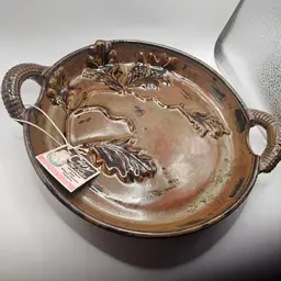 Studio Art Pottery Serving tray with handles Leaf design Signed tag