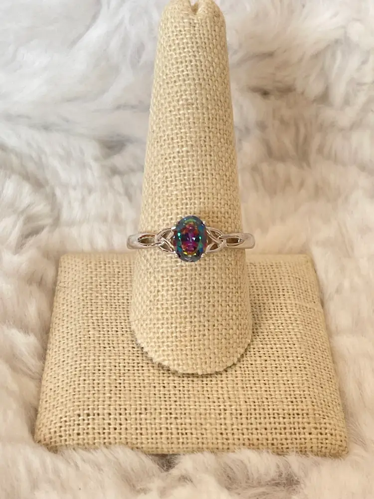 Sterling Silver Charmed Oval Rainbow CZ Ring Size 10