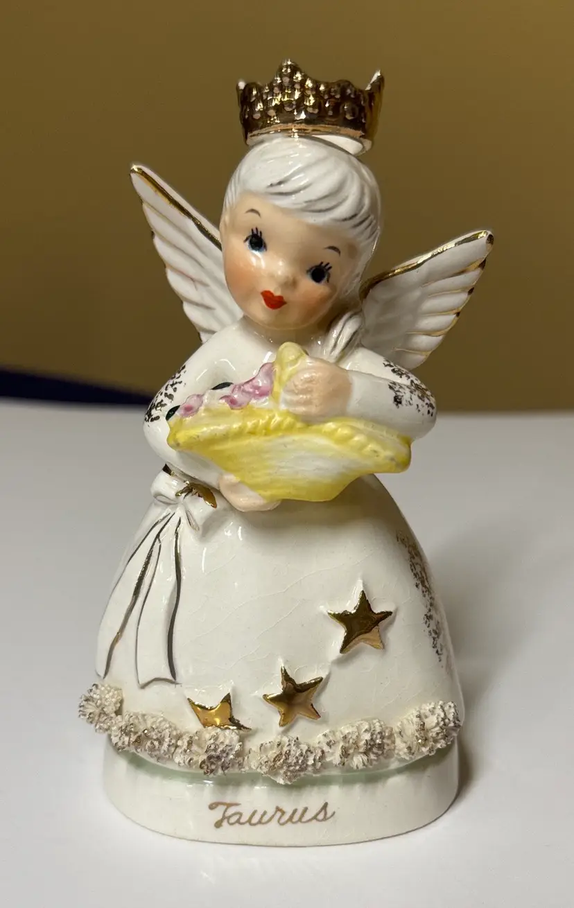 Napco "Taurus" zodiac angel figurine Japan gold accents and "spaghetti trim" 5”