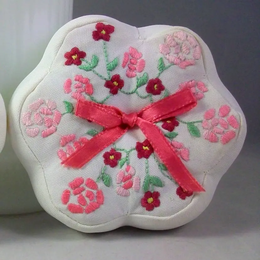 Vintage Hand Embroidered Shades of Pink Flowers Pillow Style Flower Shape Pincushion