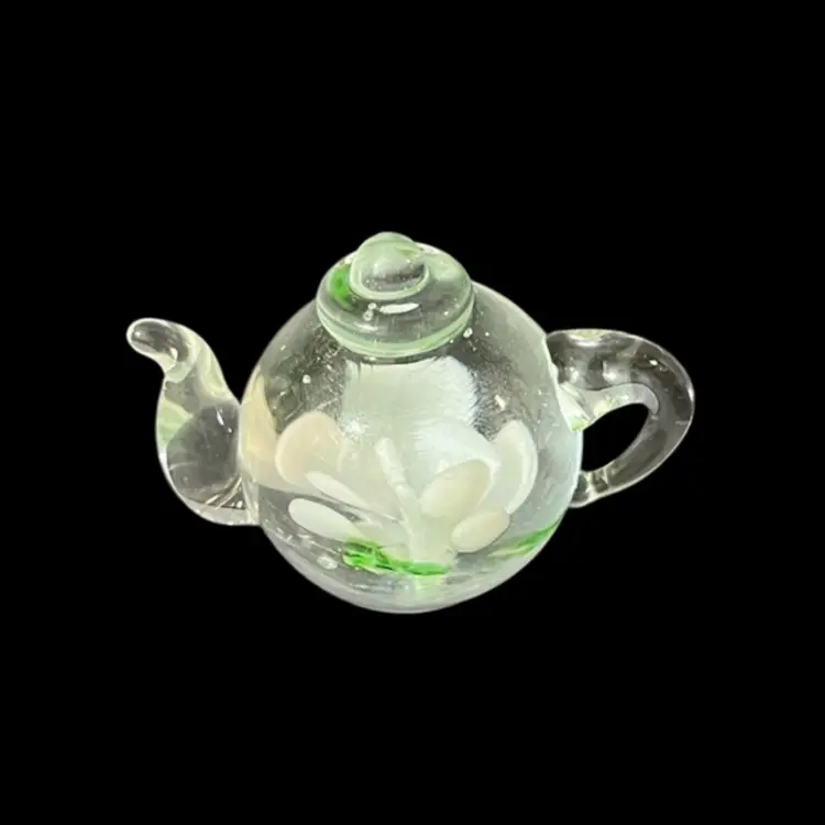 Miniature Art Glass Teapot With White Flower, Mini Glass Teapot Figurine, Miniature Kettle Figurine