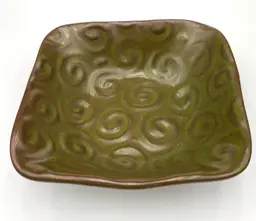 Studio Pottery Olive Green Square Bowl Dish, Embossed Swirls, Scalloped, 5"