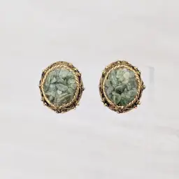 Vintage Clip On Earrings Green Center with Ornate Gold Tone Halo Regal