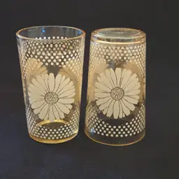 Juice Drinking Glasses Daisy Dots 3⅞" Tall Barware 2 in Set Vintage with Condition Issues