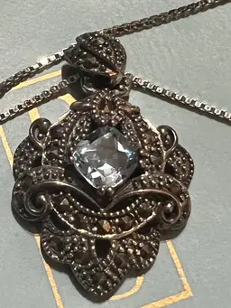 NATURAL Blue Topaz And Marcasite Sterling Silver 16” Box Chain Necklace With 1” Sterling Silver Pendant Made By Ross & Simons With Original Box.