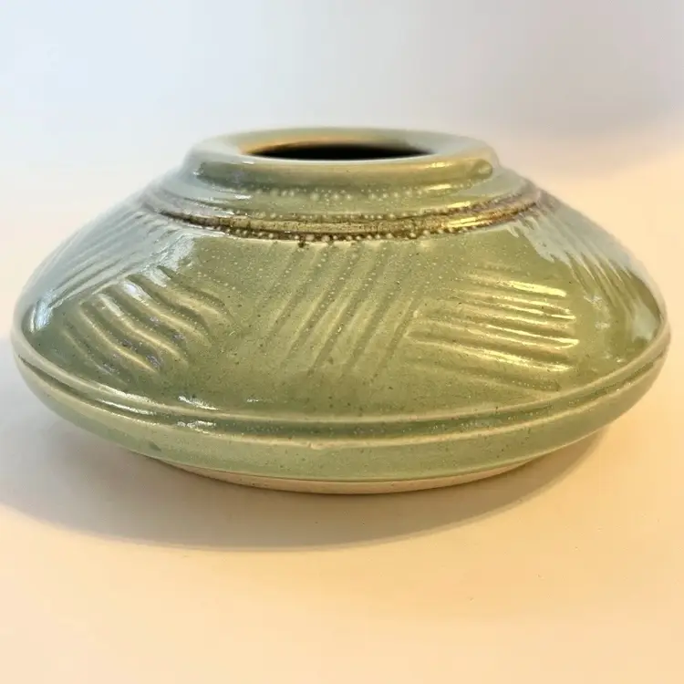 Studio Pottery Ikebana Vase w/Flower Frog Jack Boyle 2002 Celadon Green 5.5"D