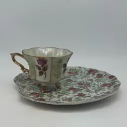 #3720 Vintage fine China porcelain dish And Cup with pink roses and green leaves.