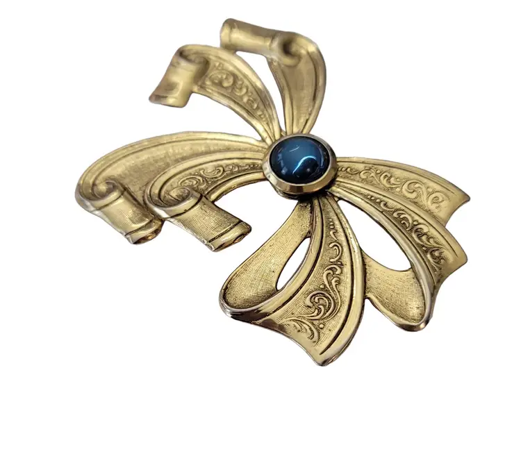 Gold Tone Repousse Victorian Style Blue Glass Cab Bow Brooch E659