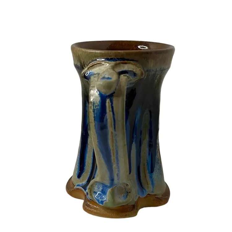 Drip Glaze Studio Pottery Stein/Coffee Mug with Thumb Rest Handle Tan & Blue Signed
6” T