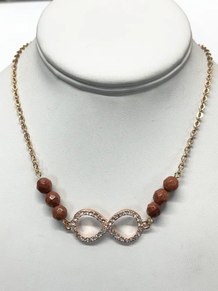 Vintage rhinestone infinity sign sandstone semi precious bead necklace
