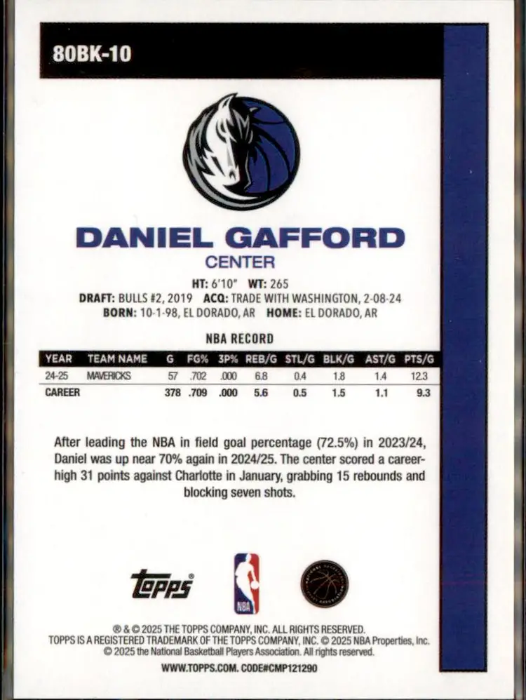 2025-26 Topps #80BK-10 Daniel Gafford 1980-81 Topps Basketball - (135) - Dallas Mavericks