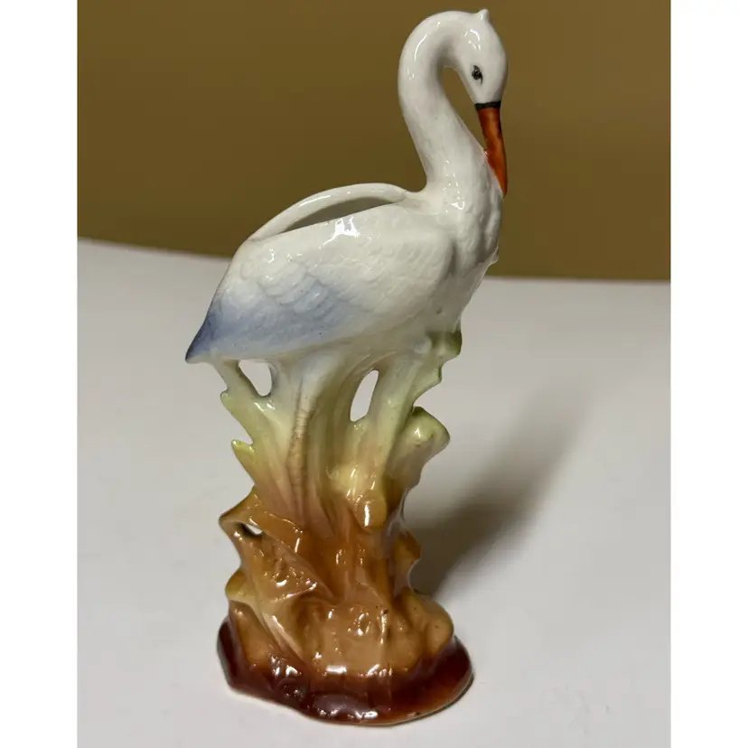 Porcelain Heron Figurine bud vase planter stork bird 6” tall Czechoslovakian