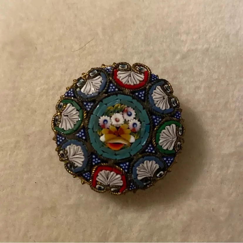 Vintage MICRO MOSAIC Small Round Brooch. Gold-Tone Frame With Teal Center And A Single Rose  AMAZING!